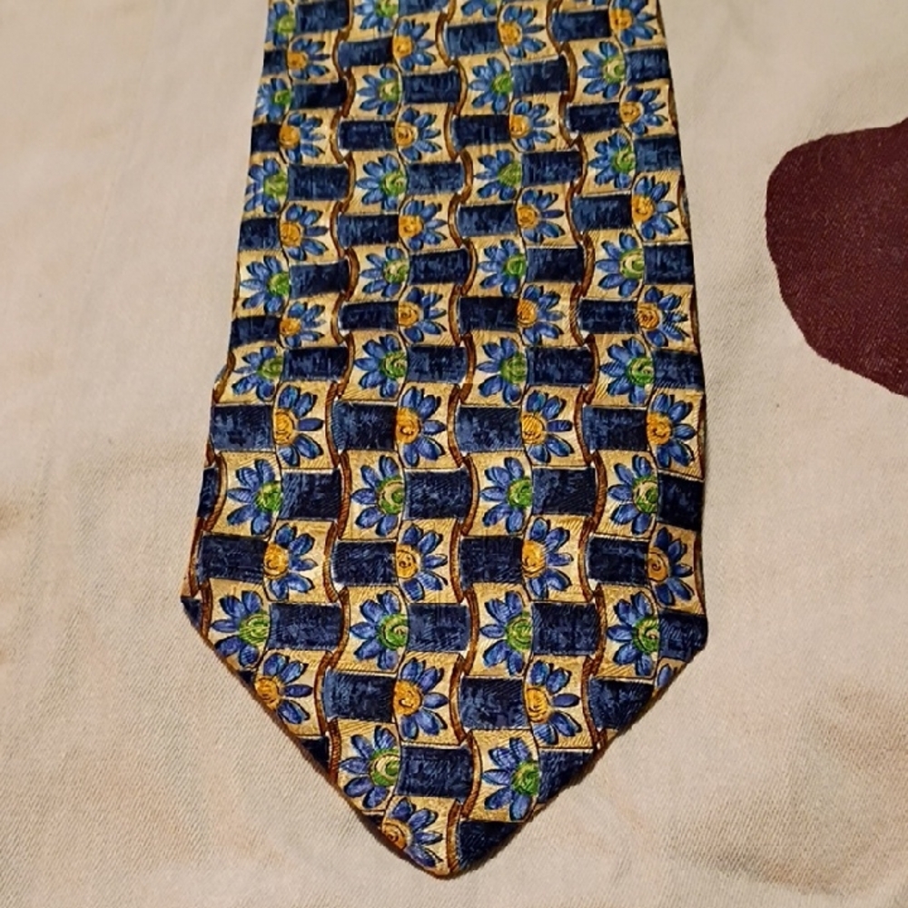 Ermenegildo Zegna Blue and Gold Geometric Floral Tie